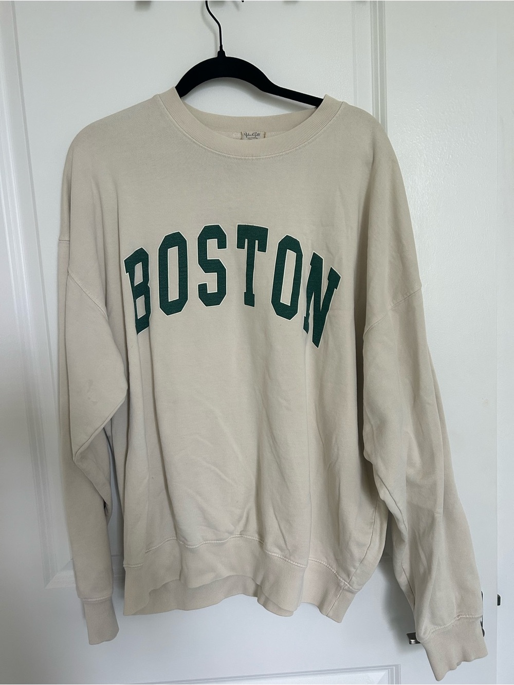 PacSun Cream Crewneck Sweatshirt with Green "BOSTON" Lettering